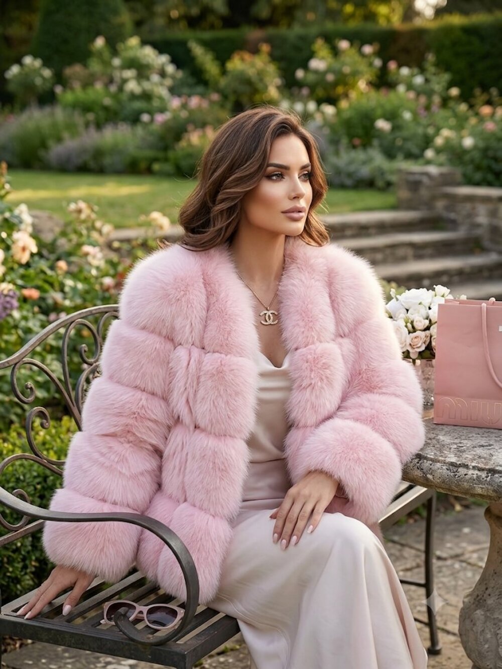Women Faux Fox Fur Coat Short 3/4 sleeve Pink BEAUTIFUL NWOT**READ**